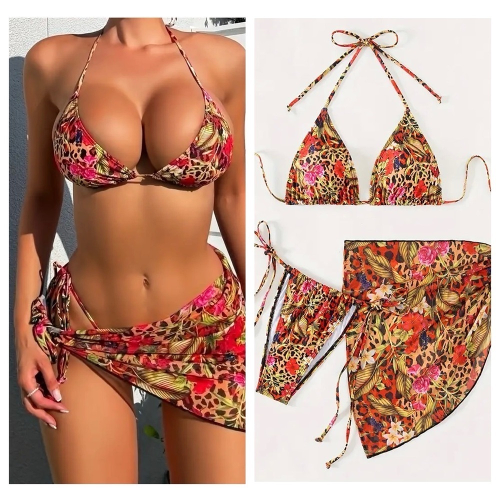 3pc Tropical Leopard Halter Tie Sides Bikini Set with Sarong Cover Up